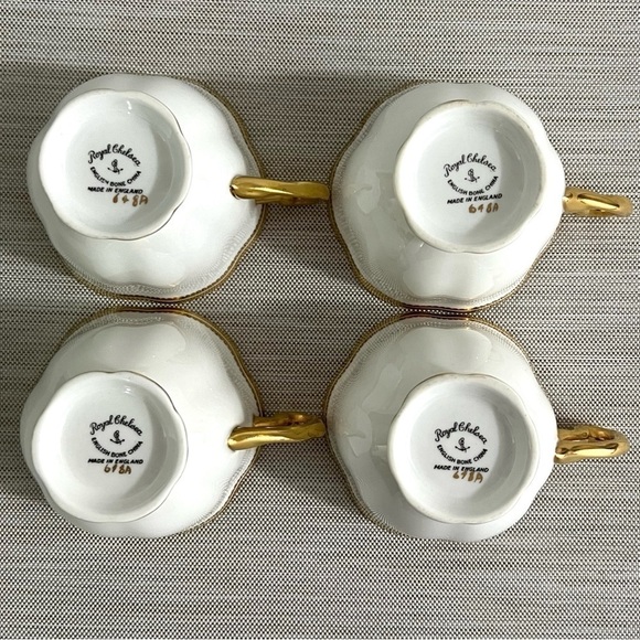 VTG 4 Sets Royal Chelsea English Bone China Gold & White Teacups & Saucers #648A - Picture 3 of 5